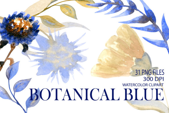 Botanical Blue Watercolor Clipart: Premium Illustrations