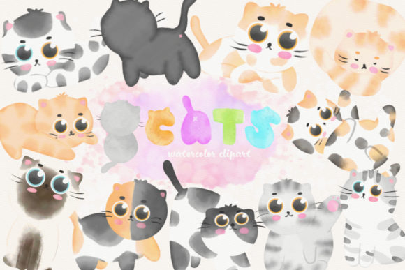 Cats and Kitty Toys Watercolor Clipart Illustrations