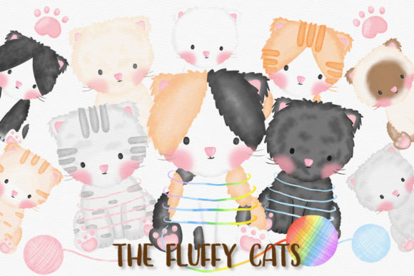 Cats Fluffy Kitty Watercolor Clipart & Illustrations