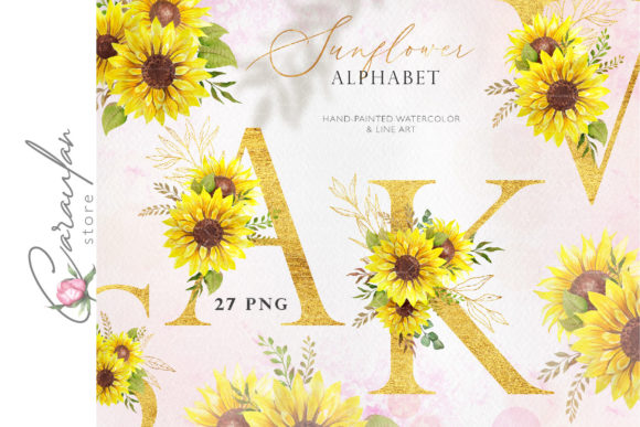 Floral Letters, Watercolor Sunflower Illustrations