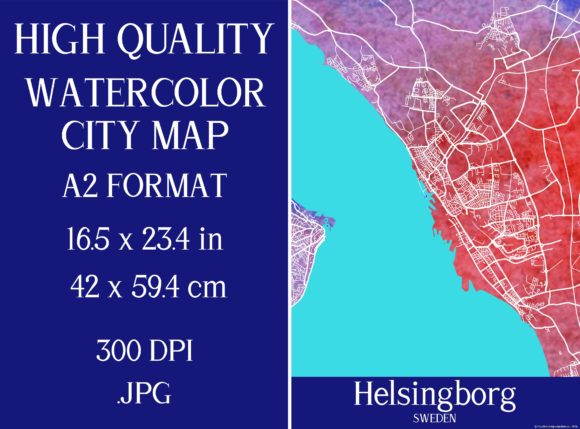 Helsingborg Sweden Map: Watercolor Illustrations
