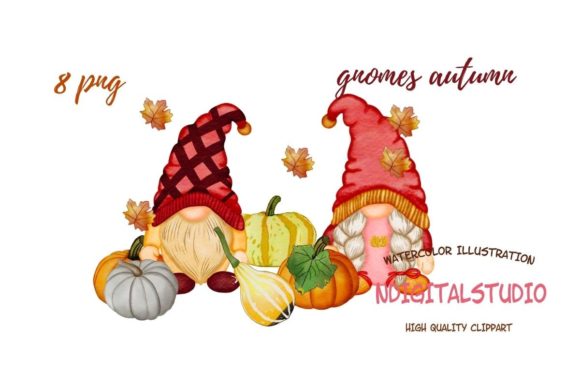 Watercolor Fall Gnomes Clipart: Editorial Illustrations