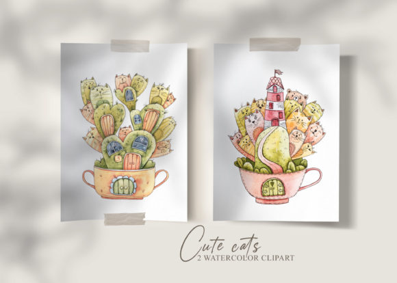 Watercolor Fantasy Cats Clipart: Editorial Illustrations