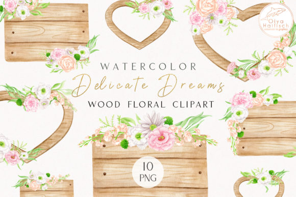 Watercolor Floral Wood Boards and Hearts Illustrations