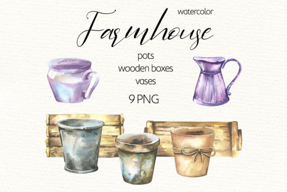 Watercolor Garden Farmhouse Pots Clipart & Illustrations