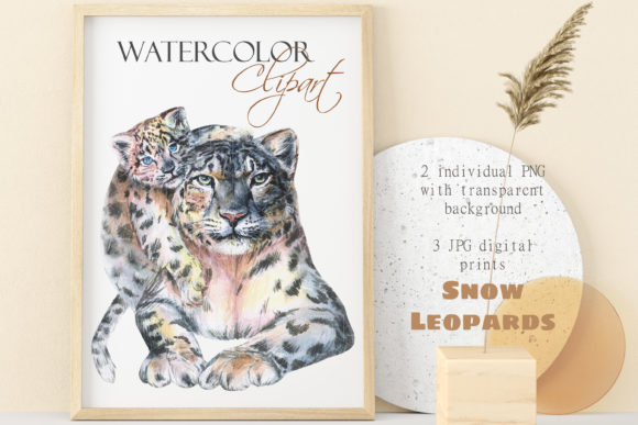 Watercolor Snow Leopard Clipart: Wild Cat Illustrations