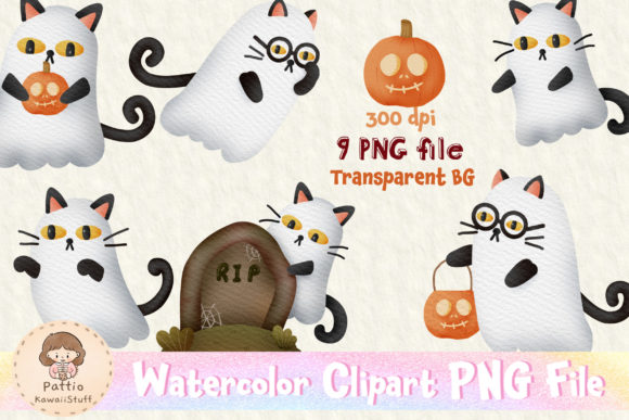 Watercolor Spooky Ghost Black Cat Illustrations Review