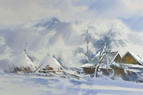 Watercolor Winter Landscape: Premium Illustrations
